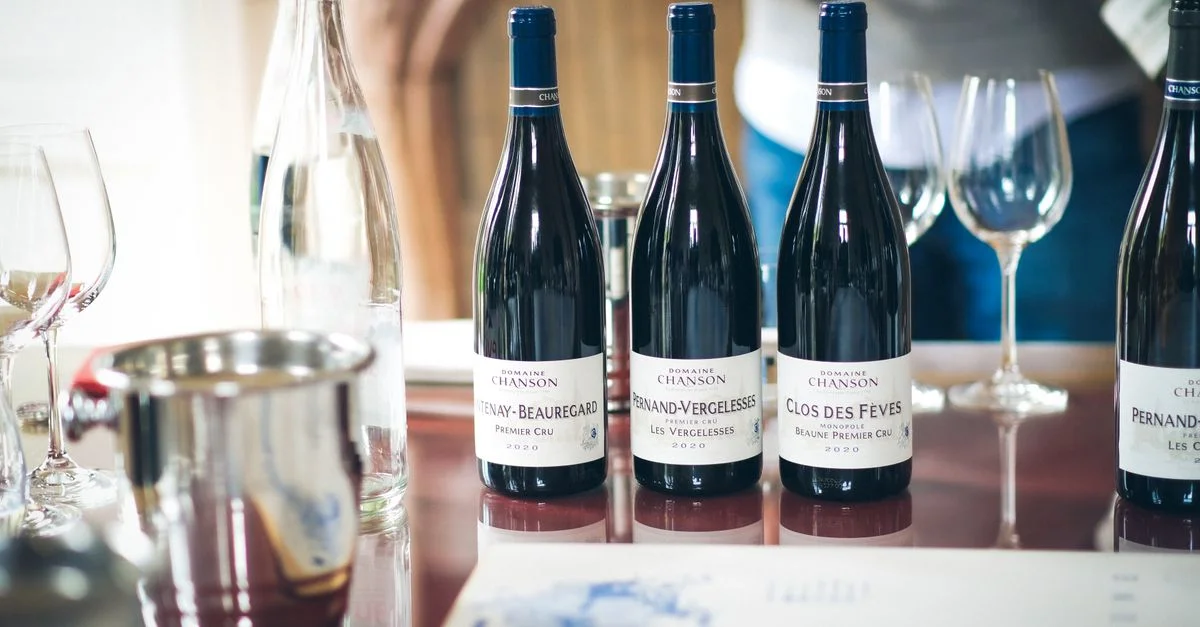 Configuration élégante de dégustation de vin à Beaune, avec des bouteilles de vin français et des verres sur une table.