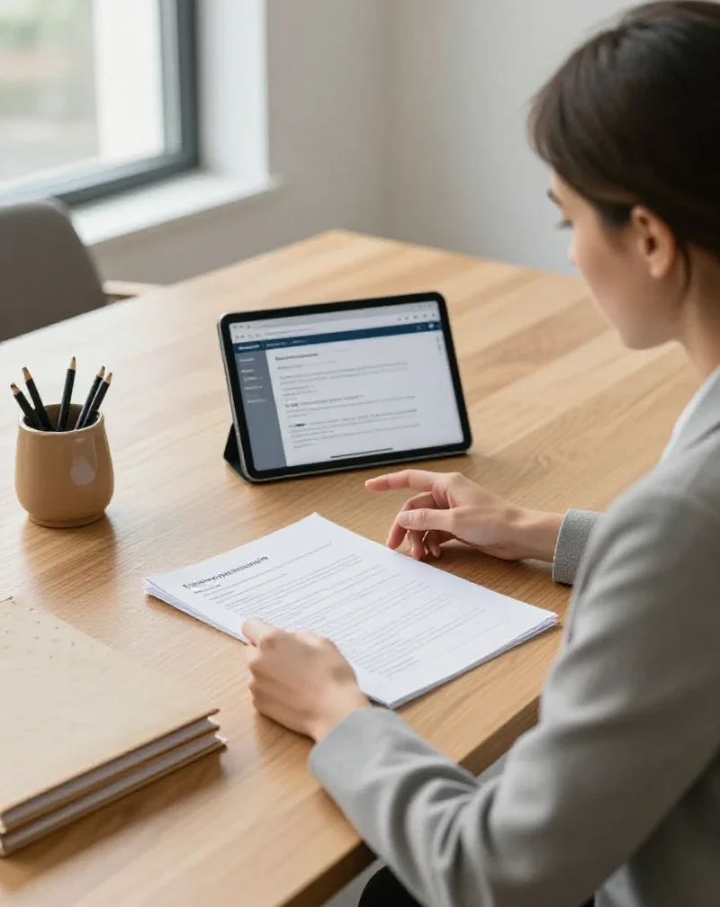 Une femme étudie des brochures de formation avec un conseiller pour orienter son projet professionnel.
