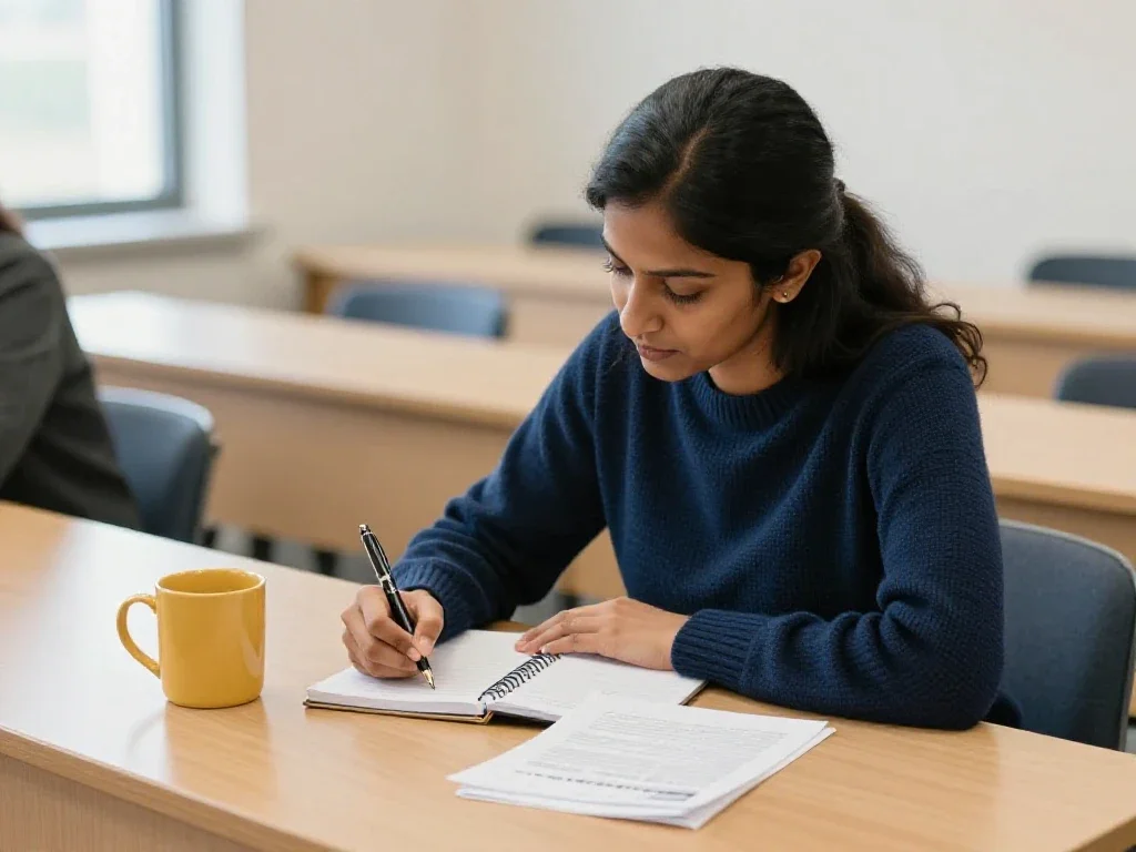 Une apprenante concentrée prend des notes manuscrites lors d'une formation collaborative en entreprise.