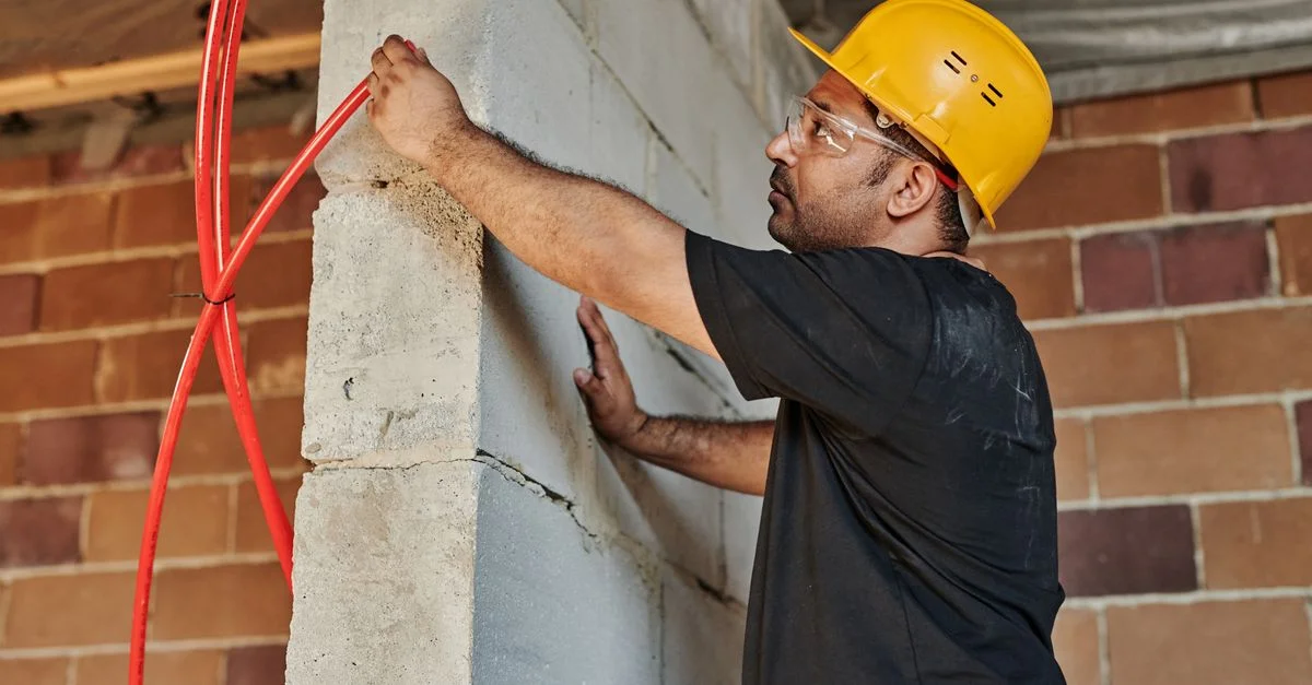 Ouvrier du bâtiment avec un casque installant des câbles électriques sur un chantier.
