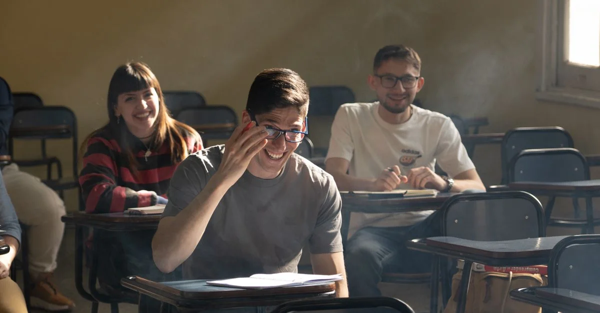 Des élèves joyeux dans une salle de classe de Buenos Aires, profitant d'un moment de détente pendant un cours.