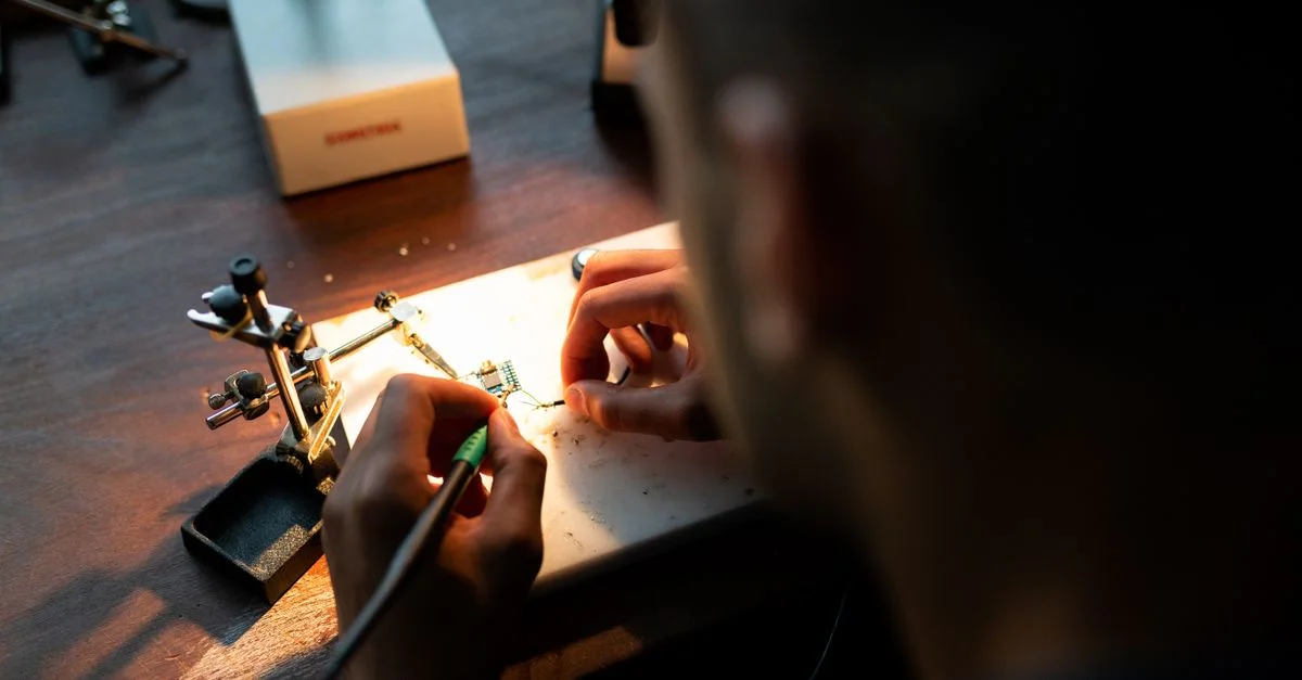 Un ingénieur concentré en train de souder une carte de circuit sous une lumière vive dans un cadre d'atelier.