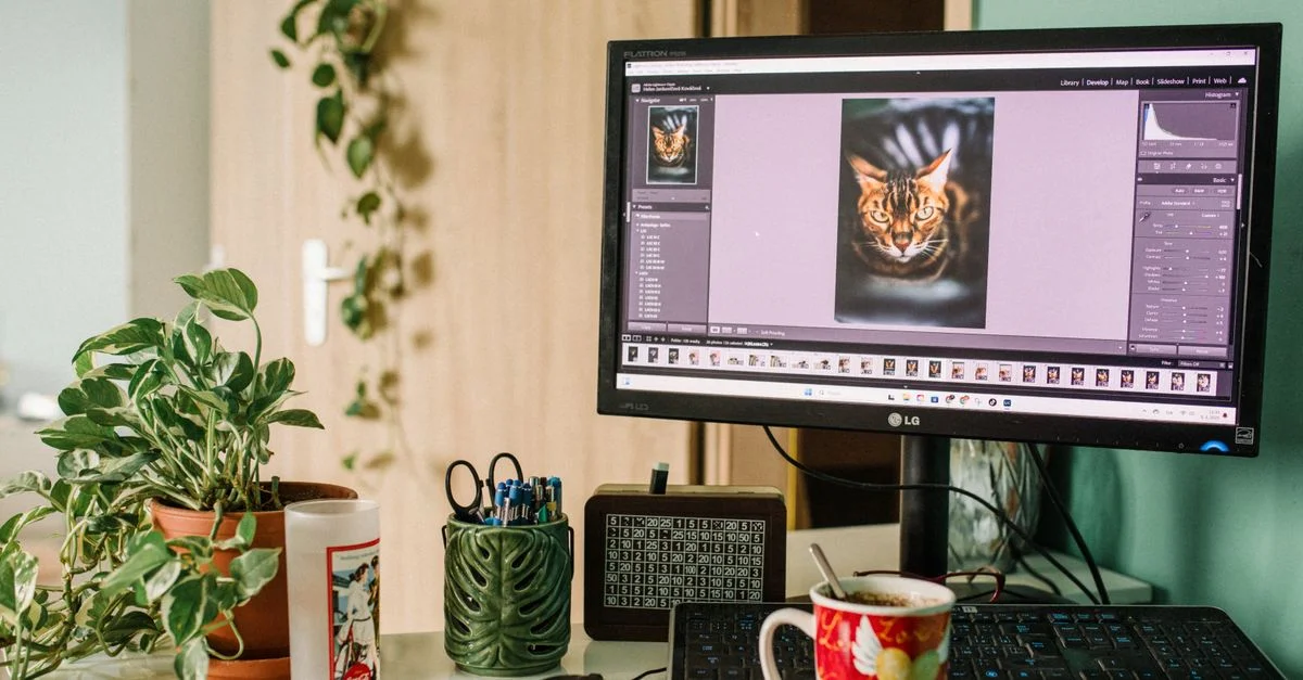 Une configuration de bureau à domicile avec retouche photo sur un écran d'ordinateur.